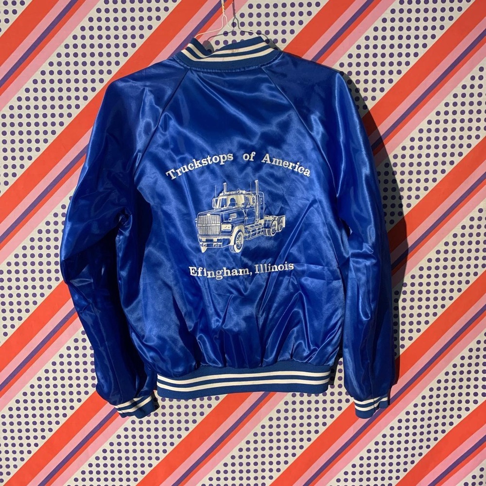 Hartwell Mens Blue Satin Bomber Jacket Truckstops of America Vintage Medium
